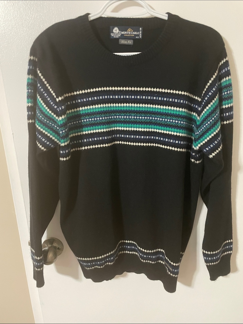 Monte Carlo Slim Fit Black Wool Blend Sweater with Teal & Navy Fair Isle Size 40